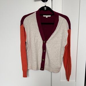 LOFT Colorblock V-Neck Cardigan Sweater - Cream, Burgundy & Orange